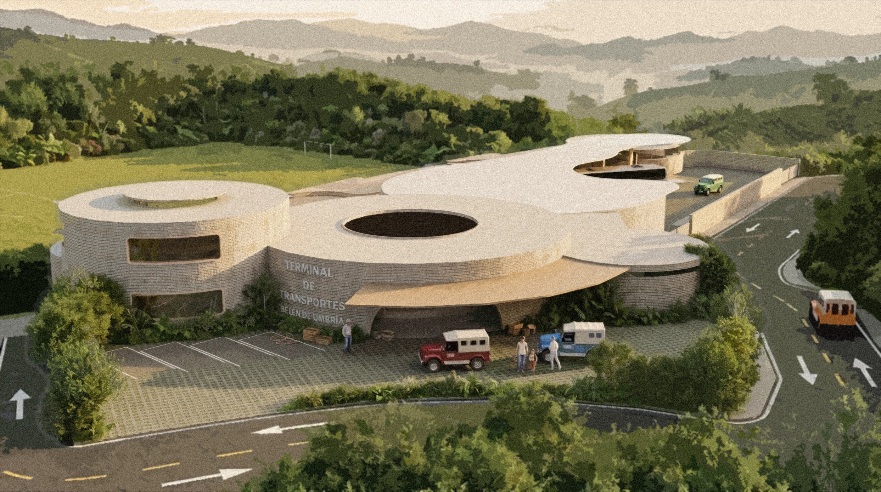 Curving roofs and circular courtyards of the transit terminal in its hillside setting