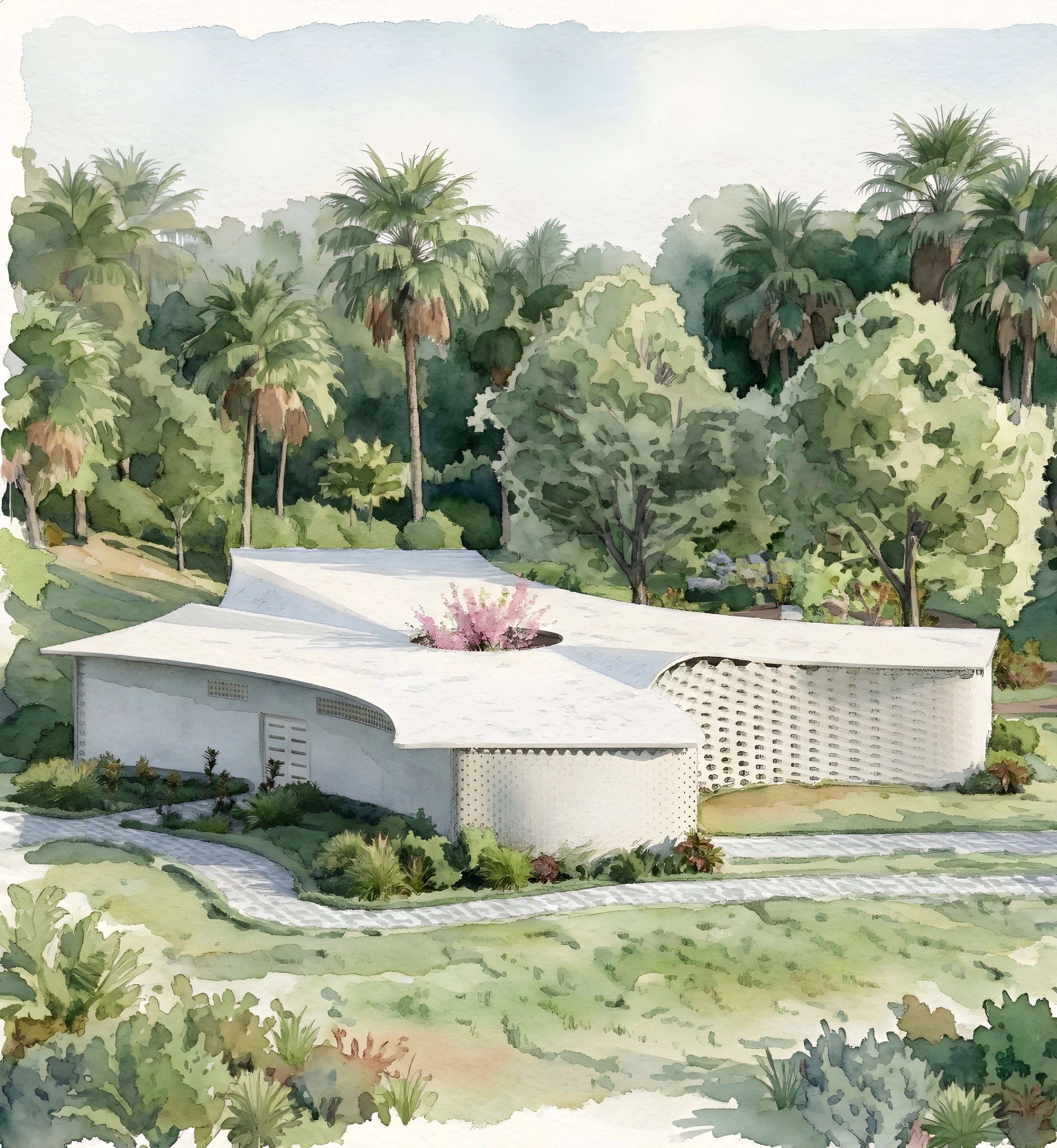 EXPERIMENTAL CLIMATE RESPONSIVE HOUSING — architectural visualization (render acuarela)
