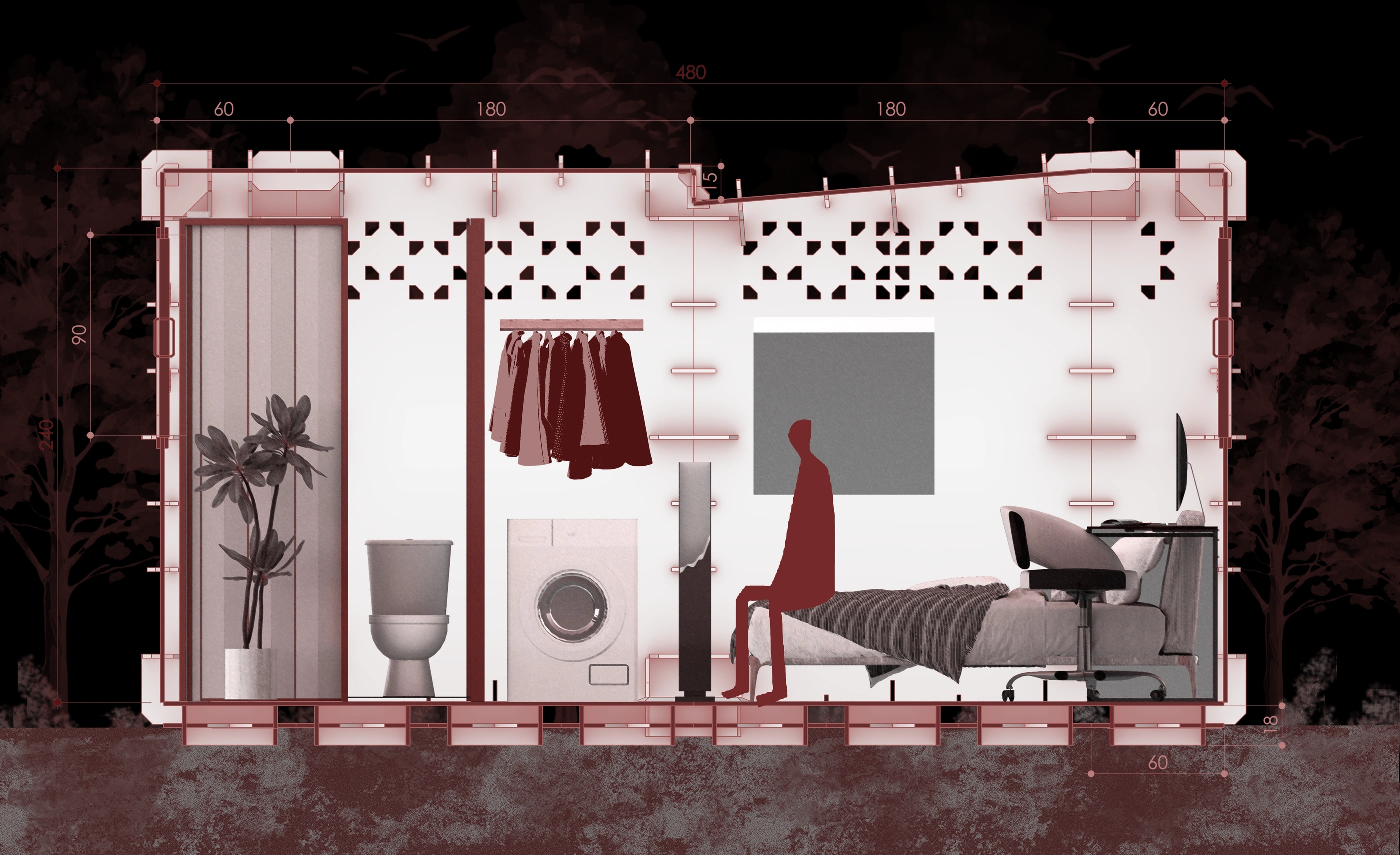 Architectural section through the NODO living and working spaces