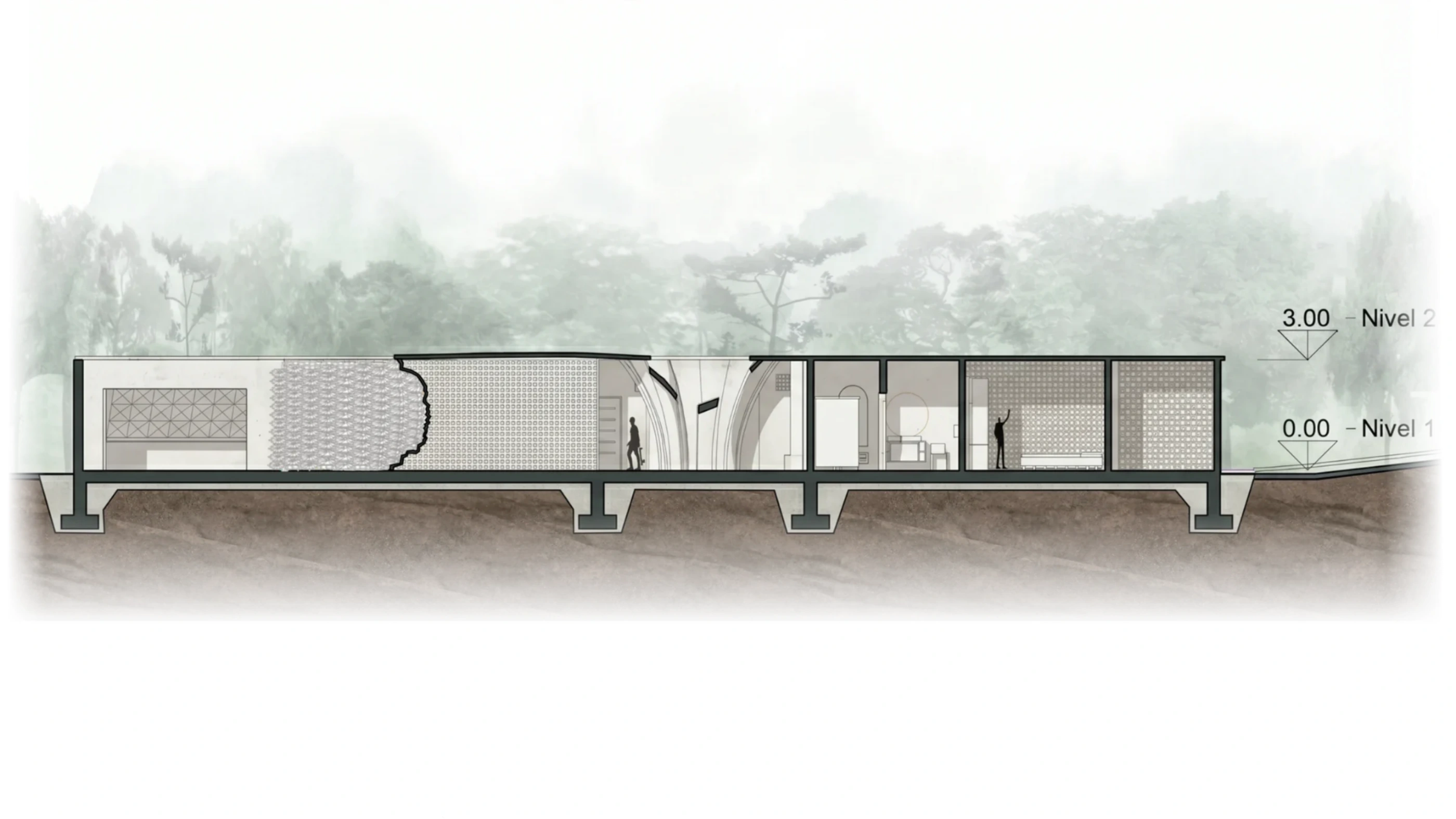 EXPERIMENTAL CLIMATE RESPONSIVE HOUSING — architectural section (section)