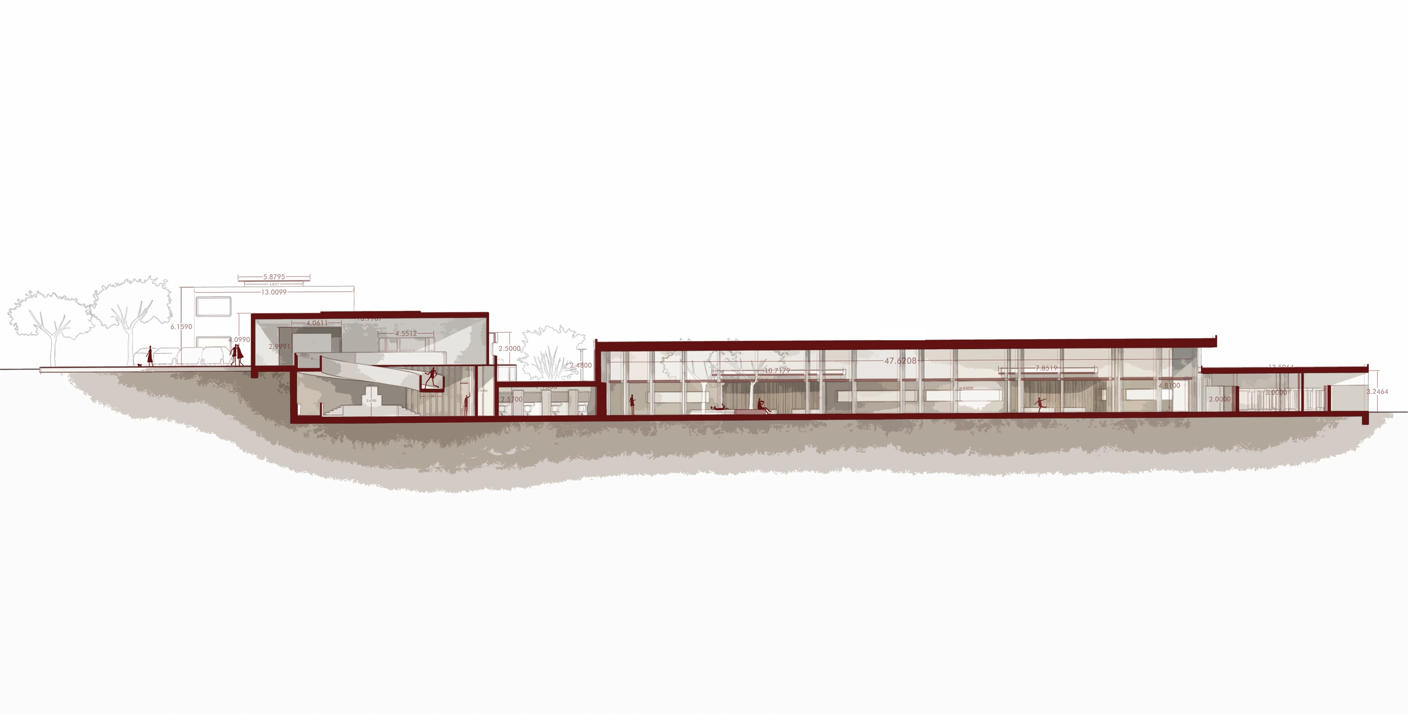 Longitudinal architectural section showing the terminal's relationship to the slope