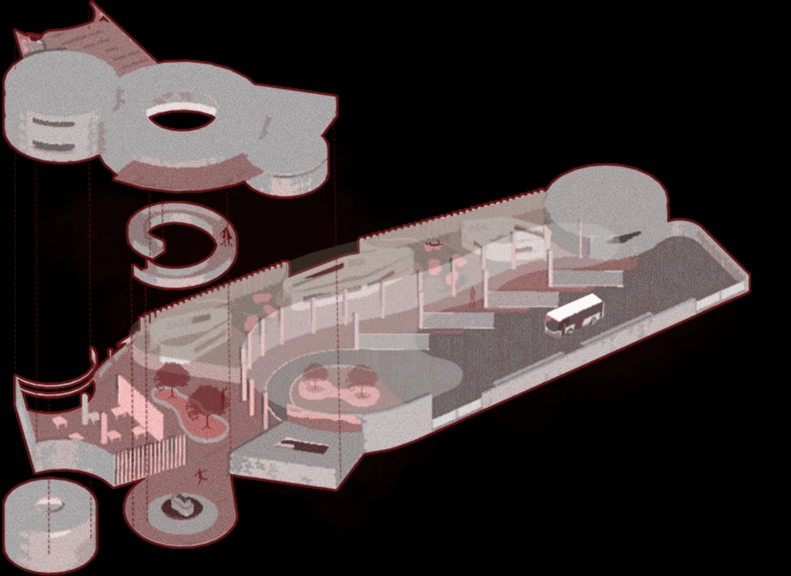 Exploded axonometric drawing of the terminal's roofs, spaces and circulation