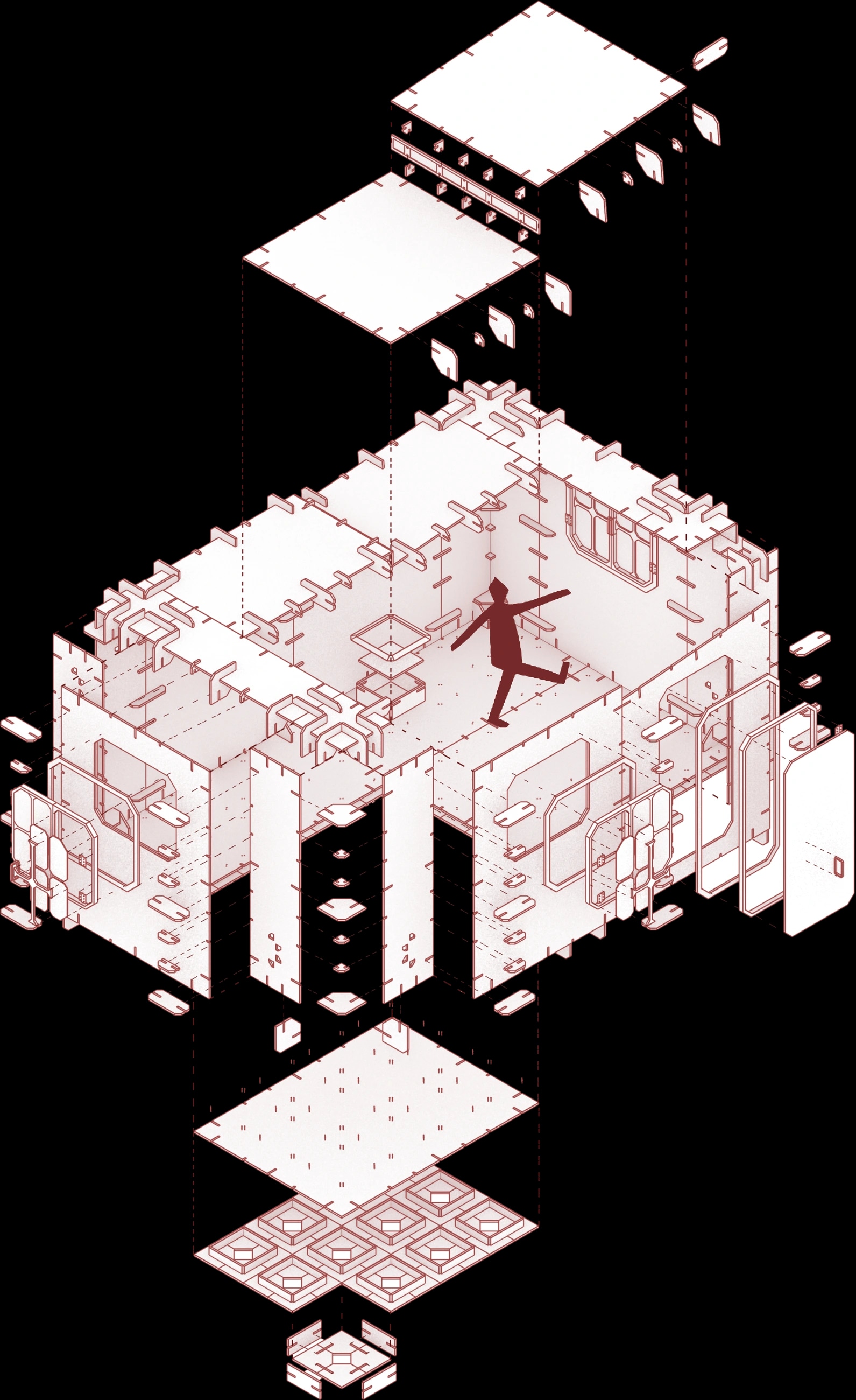 Exploded assembly axonometric of the NODO component system