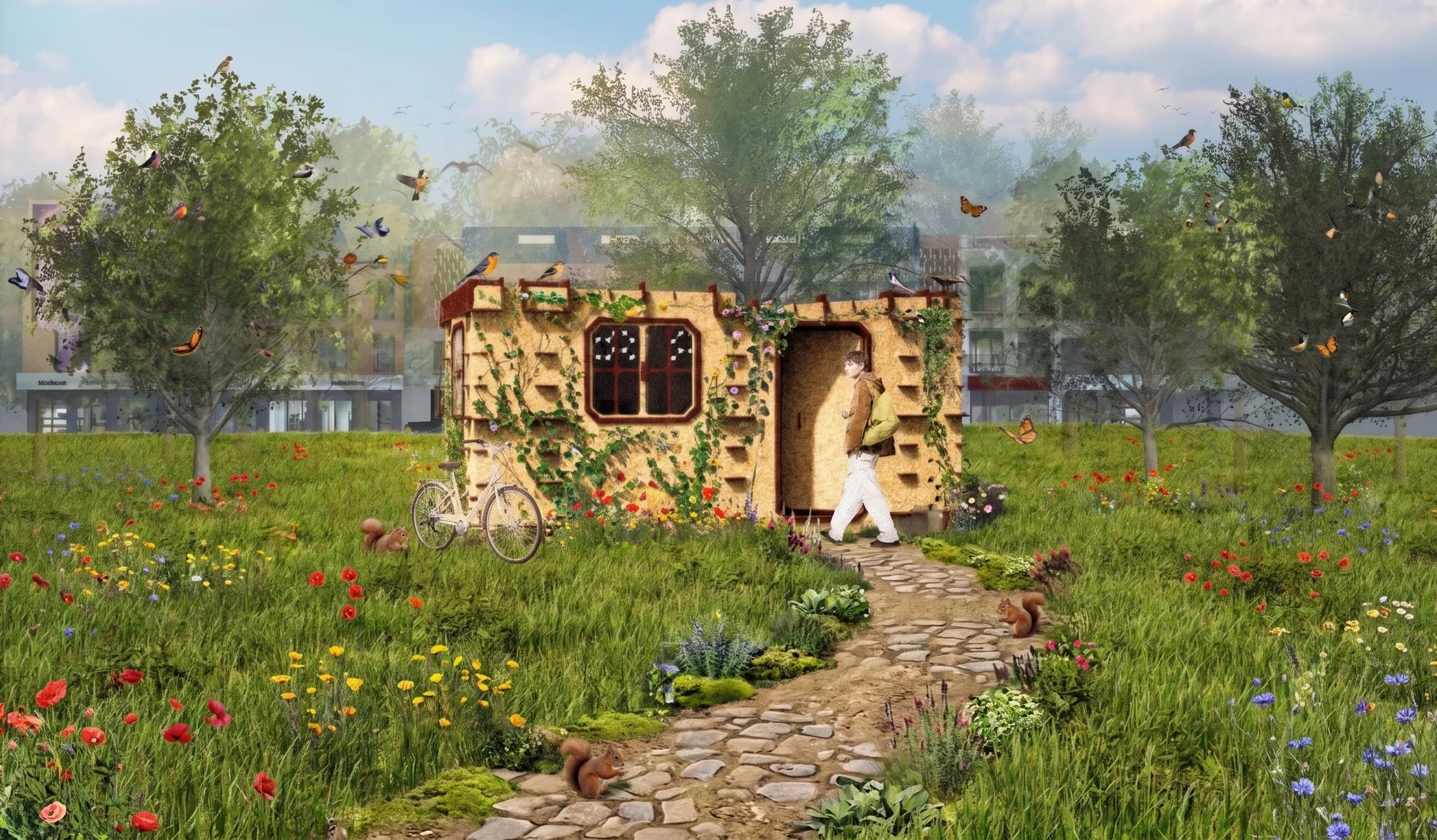 Visualization of the NODO student module within a landscaped campus setting